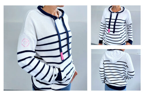 Herzlein Damen Strick Hoodie Navy Blau Weiß gestreift • stolz