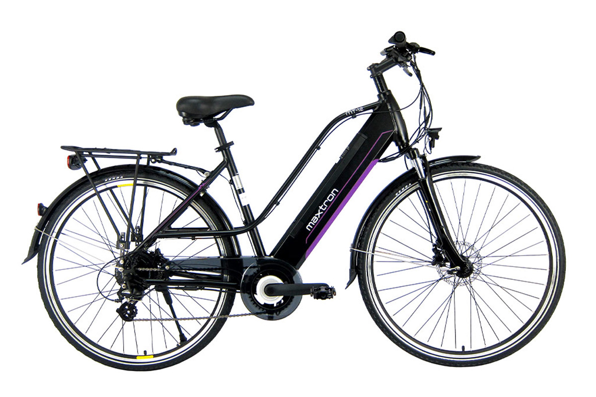 City-E-Bike in rot, schwarz mit tiefem Einstieg vom Typ Maxtron MT 12.