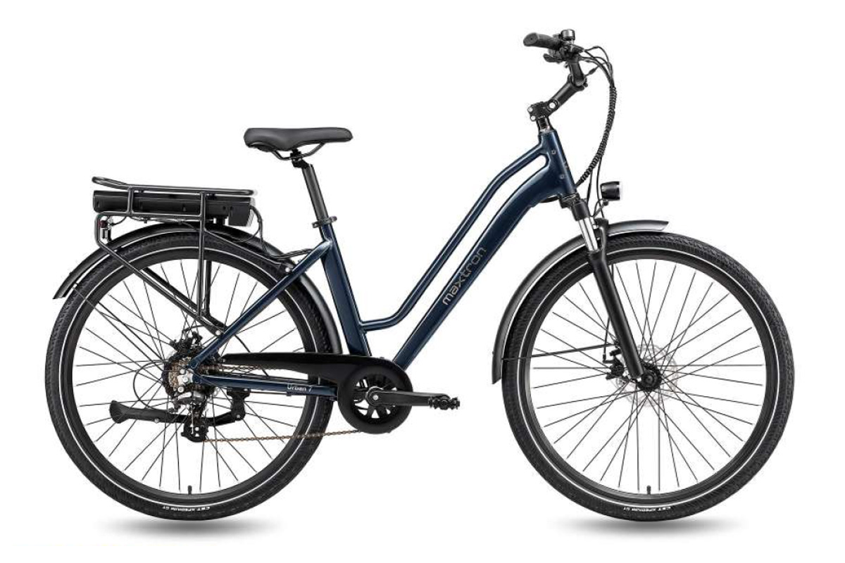 Maxtron City-E-Bike Urban Marathon in Violett/Gold/Grün-Metallic mit tiefem Einstieg